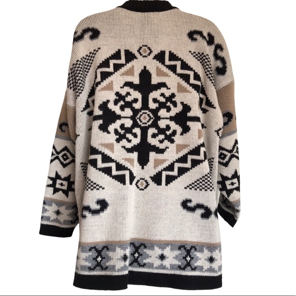 Vintage Adele Oversized Knit Geometric Snowflake Sweater Beige Black - Picture 8 of 10